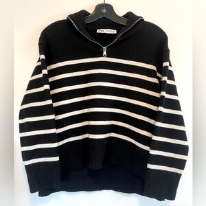 Zara Black and White Striped 1/2 Zipped Women's Sweater